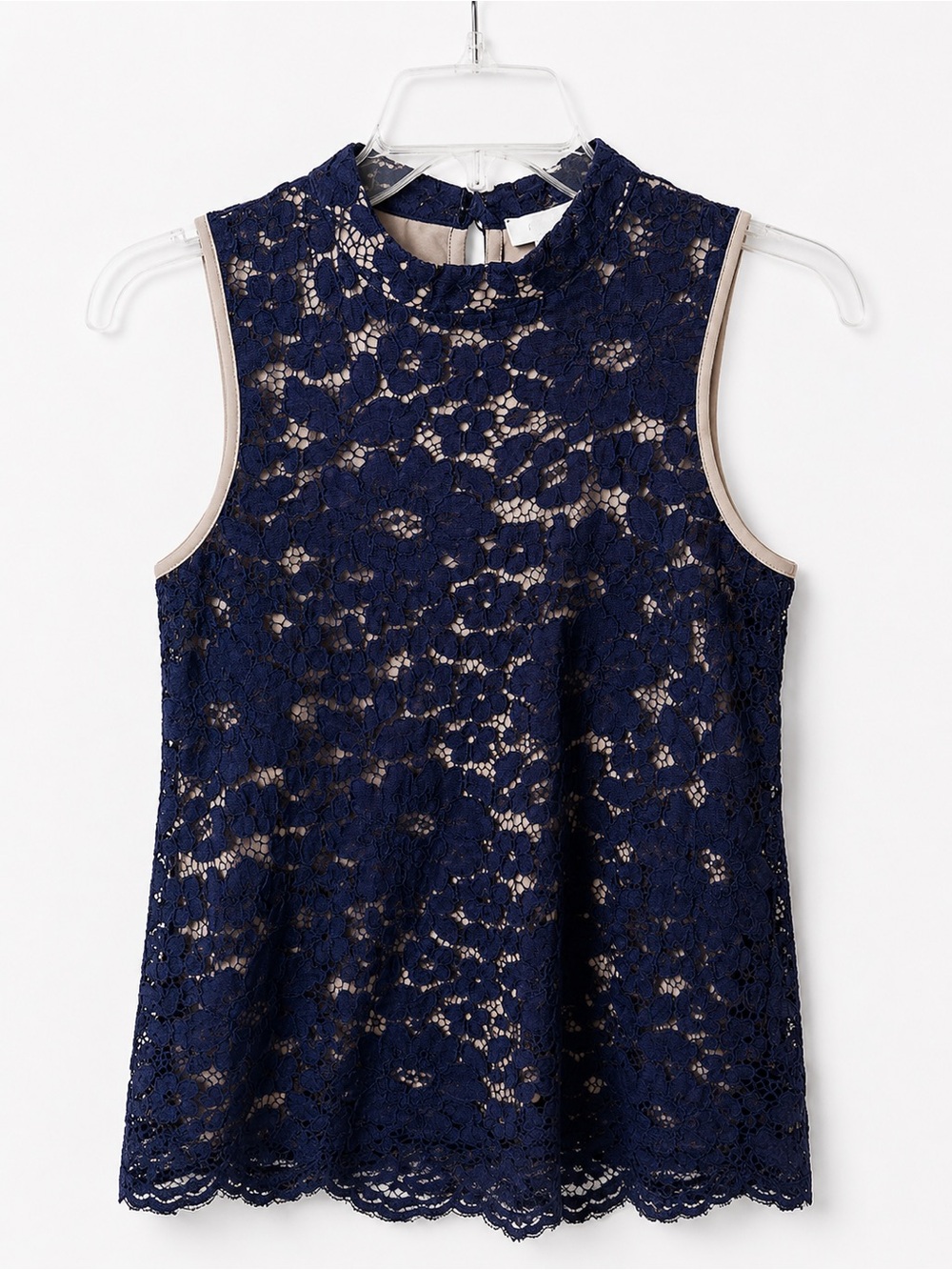 Rose & Olive Navy Blue Floral Lace Mock Neck Sleeveless Blouse Tank Top XS